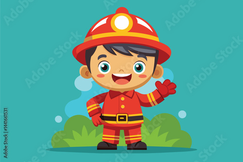 A young, animated firefighter character stands confidently, waving with a big smile, dressed in a vibrant red uniform and helmet, amidst playful foliage.