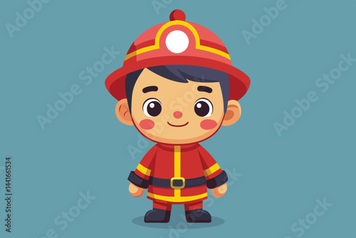 The young firefighter smiles confidently while wearing a vibrant red uniform and helmet, embodying bravery and readiness to assist in emergencies.