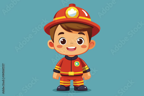 A young boy smiles brightly while wearing a red firefighter outfit complete with a hat, set against a simple blue backdrop, reflecting a playful spirit.