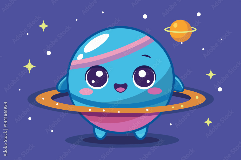 Naklejka premium A cheerful blue planet character with large eyes and a pink stripe gently spins in space while wearing a ring, accompanied by a smaller Saturn nearby, all against a starry backdrop.