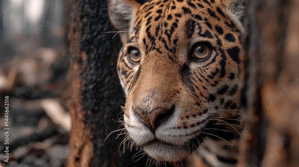 Naklejka premium Endangered species suffering from burned habitat loss concept. Close-up of a jaguar in a forest environment, showcasing its beauty.