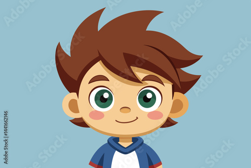 A cartoon boy smiles warmly with brown spiky hair and large green eyes. He is dressed in a blue hoodie over a white shirt, set against a soft blue backdrop.