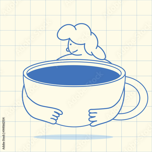 Conceptual Illustration of a Woman Embracing a Giant Cup of Coffee,graphic elements for advertising, branding, posters and banners, funny cartoon illustration with character and mascot