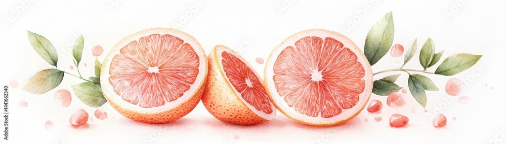 Watercolor illustration of sliced grapefruits with green leaves and scattered seeds on a white background. Watercolor illustration of sliced grapefruits with green leaves and scattered seeds on a white background.