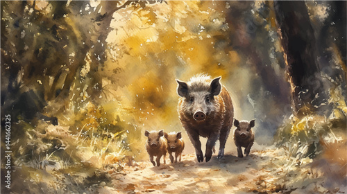 A watercolor vector painting of a mother boar with her kid in the wild