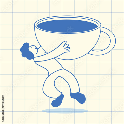 Cartoon character lifting an oversized coffee cup with determination for caffeine addiction concept