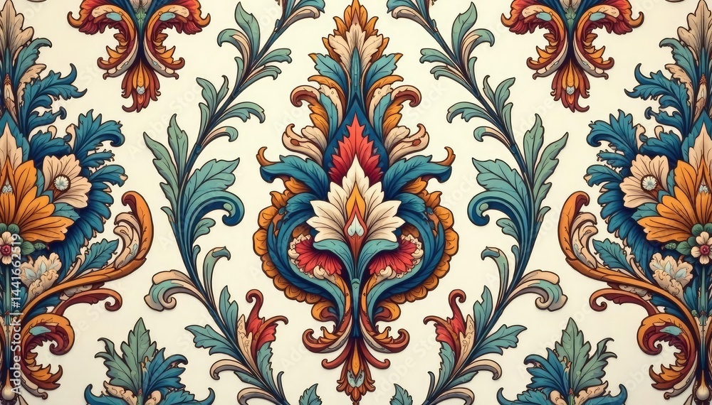 Symmetrical paisley damask design with a repeating scrollwork motif in muted tones , interior, design, elegant