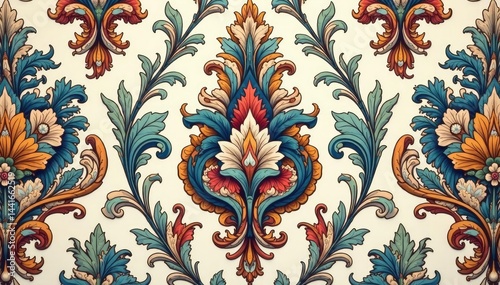 Obraz na płótnie Symmetrical paisley damask design with a repeating scrollwork motif in muted tones , interior, design, elegant w salonie