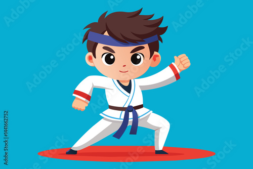 The cute boy demonstrates a confident martial arts pose in a white uniform with a blue belt, ready for training against a bright blue backdrop.