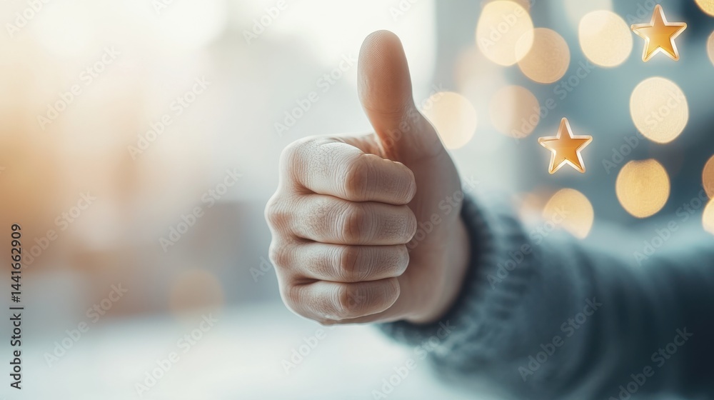 A hand giving a thumbs-up gesture with a blurred background and glowing star icons, symbolizing approval and positive feedback.