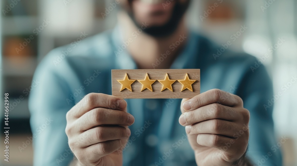 A man holds a wooden plaque with four gold stars, symbolizing a positive rating or high-quality review.