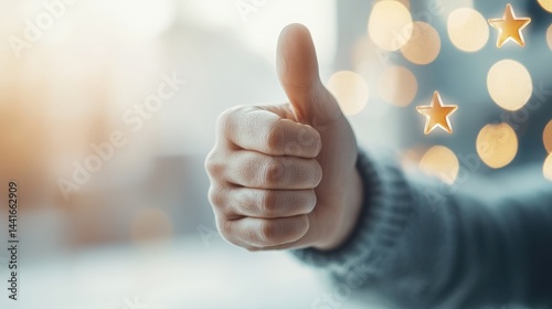 Obraz na płótnie A hand giving a thumbs-up gesture with a blurred background and glowing star icons, symbolizing approval and positive feedback. w salonie