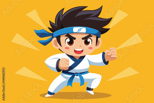A youthful martial artist stands proudly in a white karate uniform, flashing a bright smile while striking a triumphant pose against a vibrant yellow backdrop.