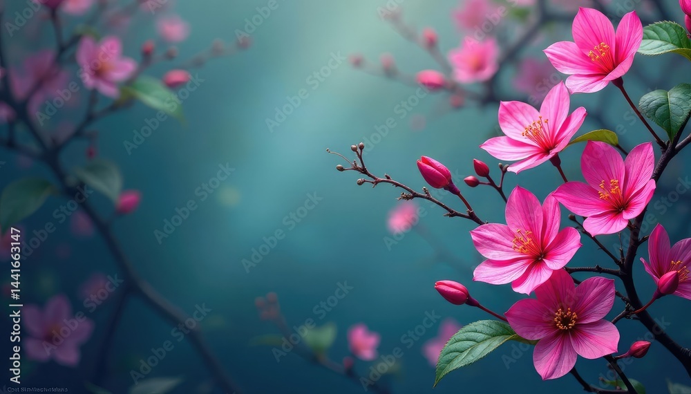 Delicate fuchsia flowers, swirling vine pattern , purple flowers, floral pattern, blossom