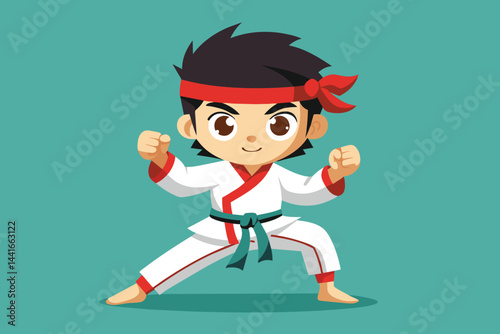 A young boy in a karate uniform demonstrates his skills with a determined expression, embodying focus and the essence of martial arts training in a vibrant environment.