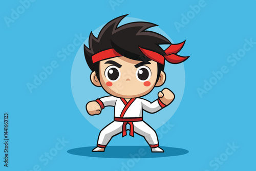 A small animated character dressed in a white karate uniform strikes a confident pose against a bright blue backdrop, exuding energy and determination while ready for action.