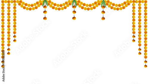 Fototapeta Naklejka Na Ścianę i Meble -  Wedding and festival decoration with marigold flowers Toran design door hanging isolated on transparent background