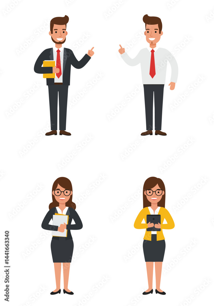 Simple flat design of four teacher characters standing on a white background, colorful, clean, professional, friendly. Simple flat design of four teacher characters standing on a white background, colorful, clean, professional, friendly.