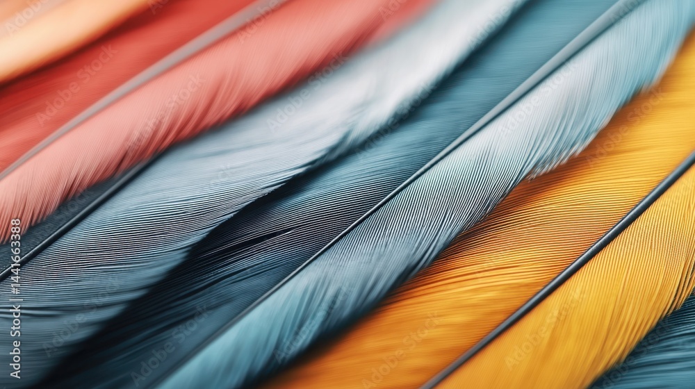 A close-up of colorful bird feathers in shades of blue, yellow, and orange, showcasing their detailed texture and vibrant hues.
