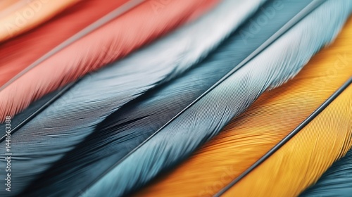 Obraz na płótnie A close-up of colorful bird feathers in shades of blue, yellow, and orange, showcasing their detailed texture and vibrant hues. w salonie