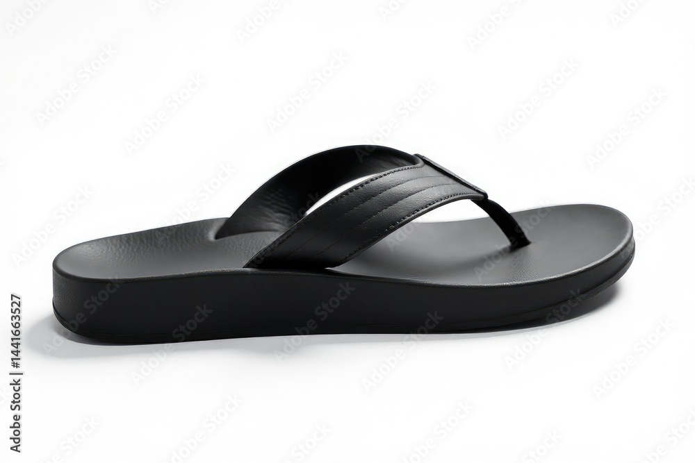 Single black flip-flop, sole up, white background, rubber, white background, summer