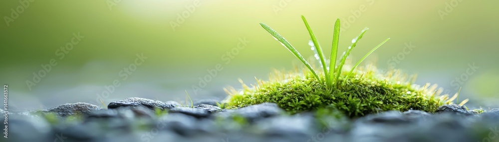 A small patch of grass and moss grows between rocks, symbolizing resilience and new life in nature.