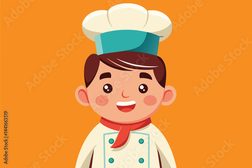 A joyful young chef with a white apron and chef's hat smiles at the viewer, exuding passion for cooking and a love for the culinary craft in a bright orange setting.
