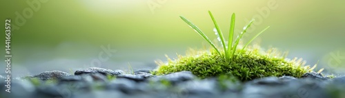 Obraz na płótnie A small patch of grass and moss grows between rocks, symbolizing resilience and new life in nature. w salonie
