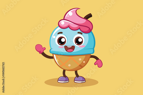 A colorful cartoon ice cream cone character stands cheerfully with arms outstretched and a big smile, showcasing its playful personality in a bright setting.