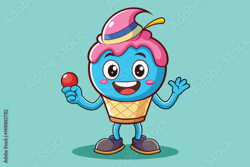 This playful cartoon character features bright colors, a smiling face, and holds a cherry, bringing joy in a lighthearted, fun atmosphere.