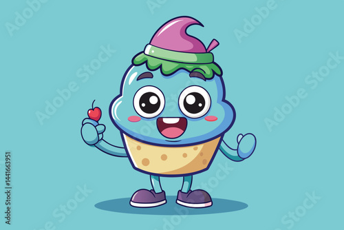 A cheerful cartoon ice cream character with a blue scoop and a green frosting topping is joyfully holding a red cherry. The character smiles widely, adding a touch of whimsy.
