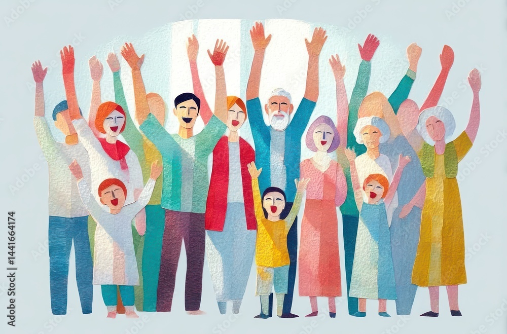 Obraz premium Diverse group of joyful people of different ages raising their hands together in celebration with smiles and cheerful expressions on a light background