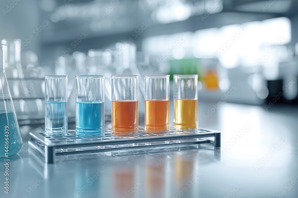 Five colorful test tubes with different liquids are placed in a rack on a laboratory table, with a blurred scientific background.