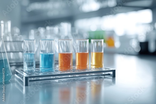 Obraz na płótnie Five colorful test tubes with different liquids are placed in a rack on a laboratory table, with a blurred scientific background. w salonie