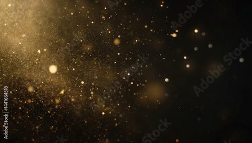 A under 200 characters: Golden dust particles sparkle and float against a dark background, creating a magical, glowing, and dreamy atmosphere.