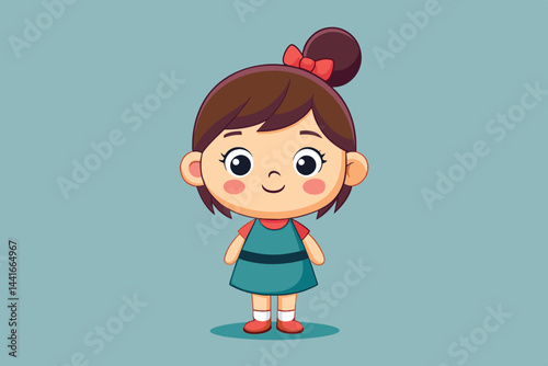 A cheerful cartoon girl stands confidently with a bright smile, wearing a teal dress and red shoes, while her hair is styled in a playful ponytail with a red bow.