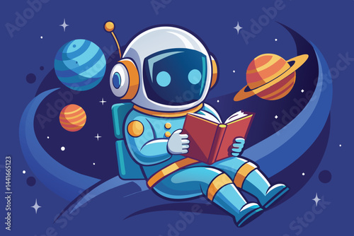 A cheerful astronaut is seated in zero gravity, deeply engrossed in a book. Colorful planets and twinkling stars create a vibrant cosmic backdrop, enhancing the serene atmosphere.