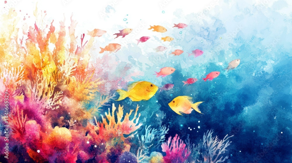 Fototapeta premium Underwater life vibrant coral reef ocean depths watercolor art colorful marine scene artistic perspective