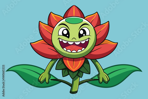 A colorful animated flower character displays an enthusiastic expression with vivid green and red petals. The cheerful design evokes a sense of happiness and whimsy.