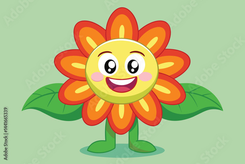 A vibrant cartoon flower character with a happy face, bright orange petals, and green leaves stands prominently against a soft light background, spreading joy and positivity.