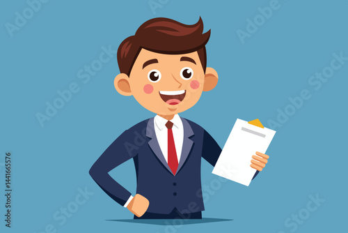A cheerful businessman wearing a suit and tie stands confidently, holding a clipboard. The bright blue background enhances his optimistic demeanor, ideal for a professional context.