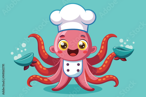The octopus chef, wearing a white hat and coat, joyfully stirs ingredients in different bowls while surrounded by colorful kitchen details.