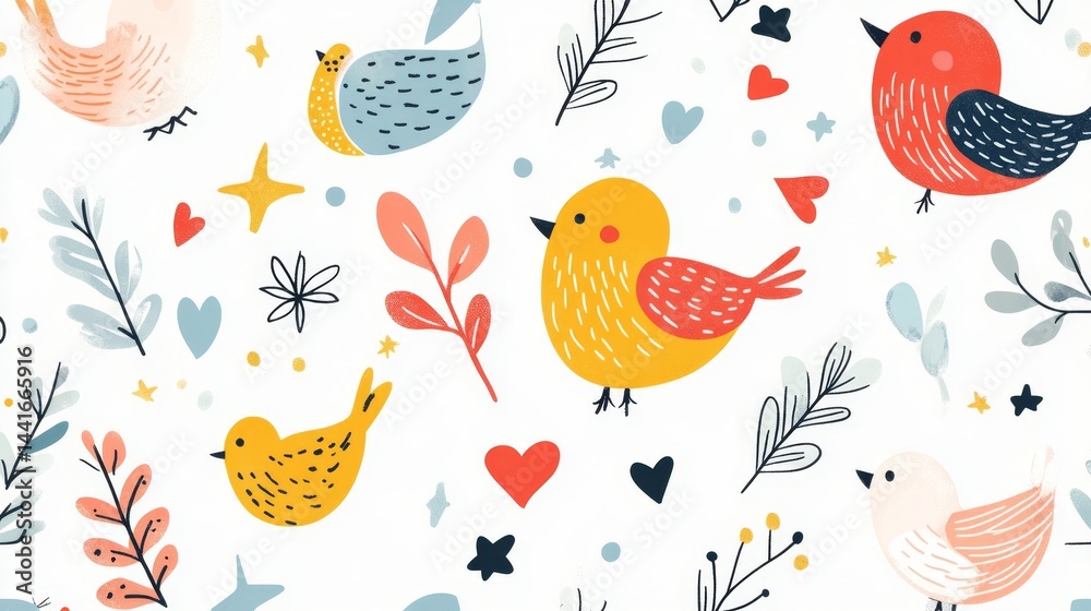 Obraz premium Colorful bird patterns nature scene digital illustration playful environment artistic viewpoint charming concept