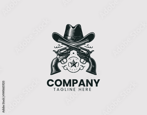 Vintage Cowboy Hat and Crossed Revolvers Vector Logo