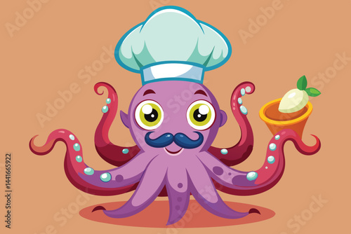 A cartoon octopus dressed as a chef holds a bowl with an ingredient while smiling cheerfully, showcasing its culinary skills in a whimsical style.