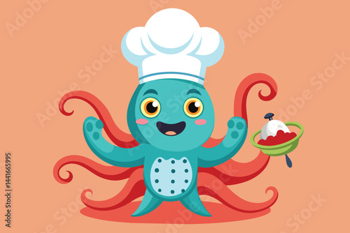 An animated octopus chef is joyfully showing off a scoop of red sauce while wearing a classic chef's hat. The vibrant character stands out against a soft background.
