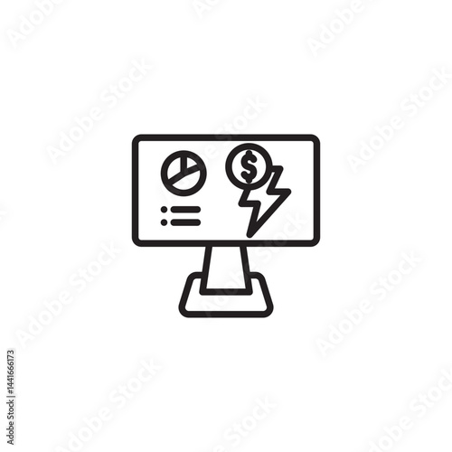 Online energy bill icon. A monitor displays a pie chart and a dollar sign with a lightning bolt, representing digital management of electricity costs.