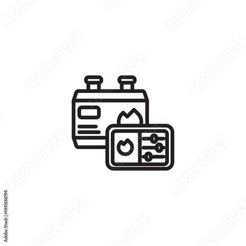 Gas heater control icon. Shows a heater unit with a flame and a separate control panel with dials and a power button.