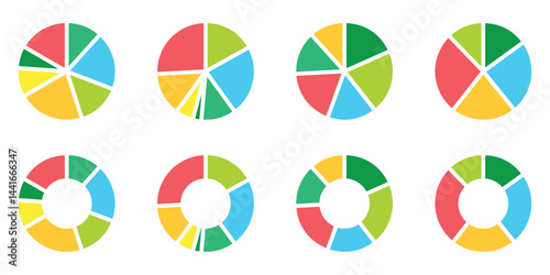 Pie charts diagrams. Different color circles. donut and pie chart infographic elements set. Colorful diagram collection with. Circle icons for infographic use. Vector illustration. EPS 10