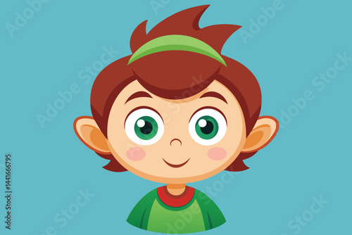 A friendly cartoon character features bright green eyes and tousled brown hair, sporting a green shirt, radiating joy and curiosity in a vibrant setting.